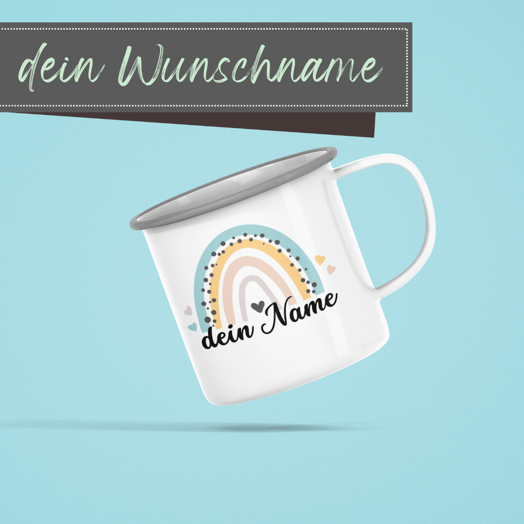 Emaille-Tasse mit Name bedruckt für Jungen: Motiv Regenbogen personalisierbar Becher personalisierte Geschenke - Emaille Tasse (Silber)