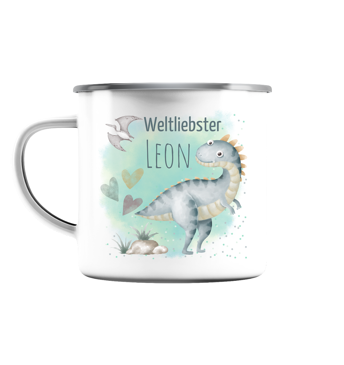 Emaille - Tasse Dinosaurier Jungen personalisierbar mit deinem Wunschnamen - Emaille Tasse (Silber)