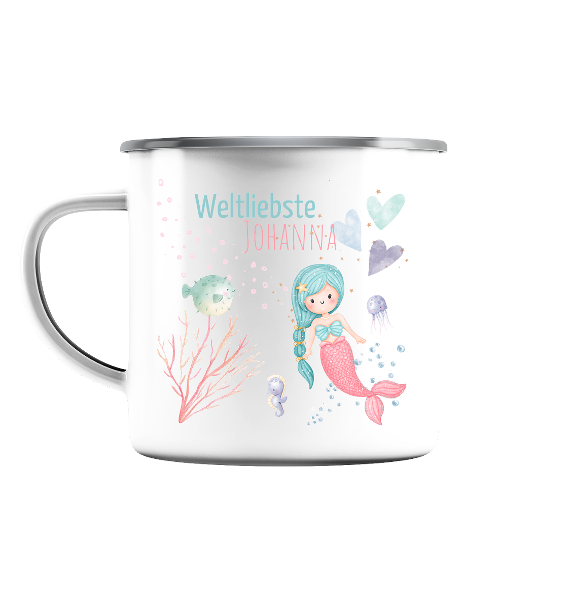 Emaille-Tasse mit Wunschnamen für Mädchen - PERSONALISIERBAR - Emaille Tasse (Silber)