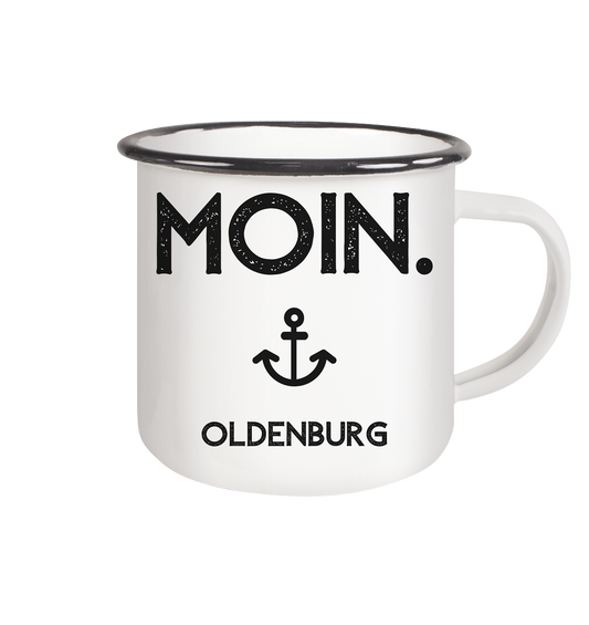 MOIN. Oldenburg - schwarze Schrift - Emaille Tasse (Black)