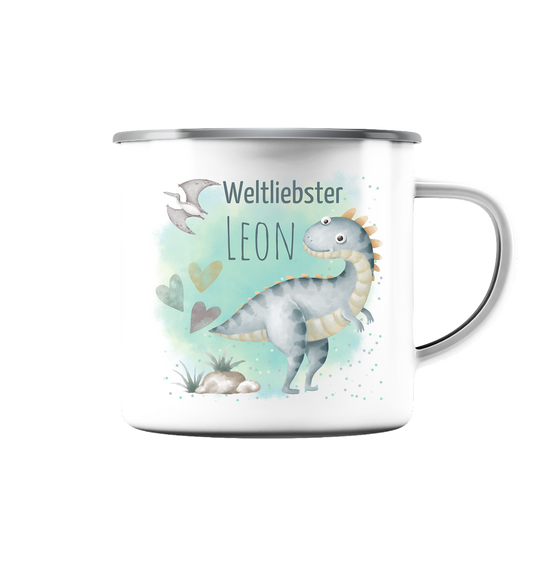 Emaille - Tasse Dinosaurier Jungen personalisierbar mit deinem Wunschnamen - Emaille Tasse (Silber)