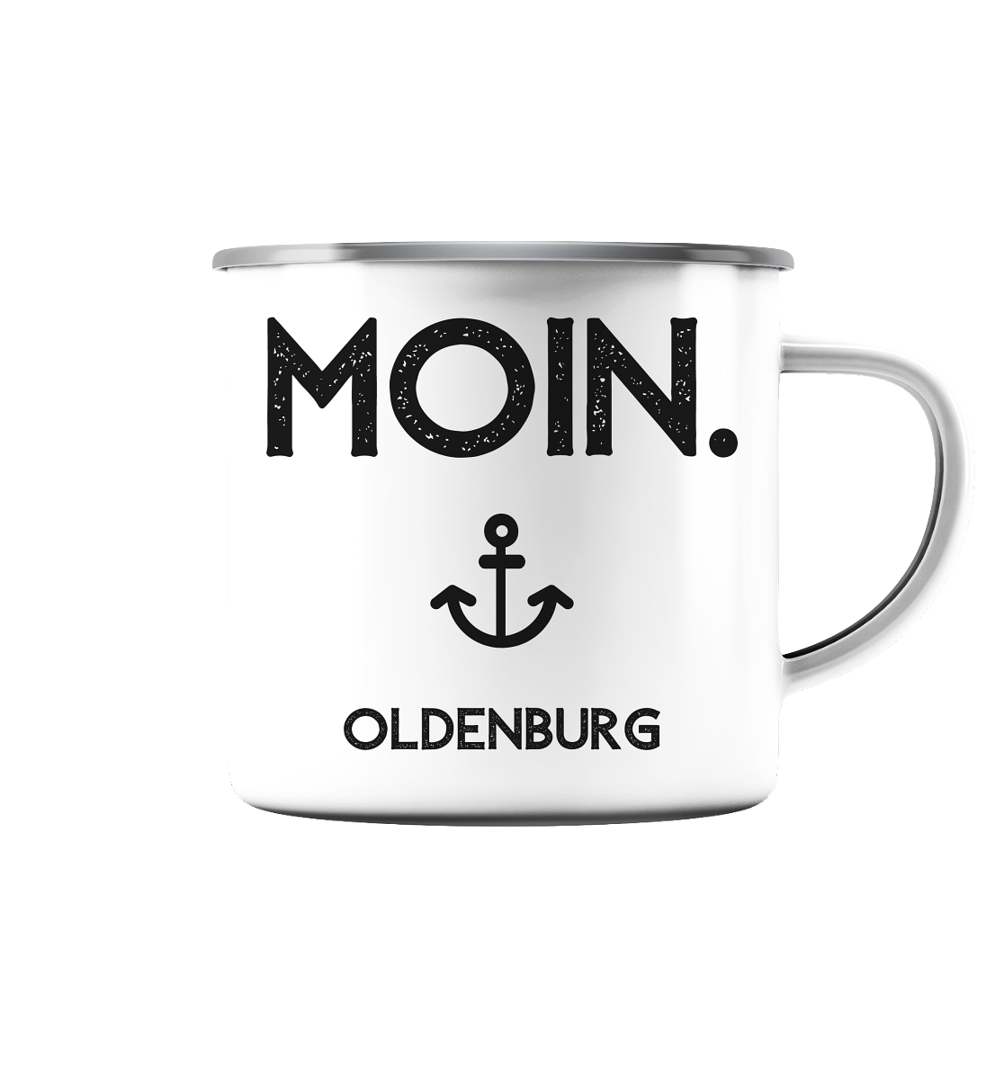 MOIN. Oldenburg - schwarze Schrift - Emaille Tasse (Silber)